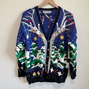 VTG 90s Jack B Quick Womens L All Over Christmas Print Sweater Knit Tree Snow